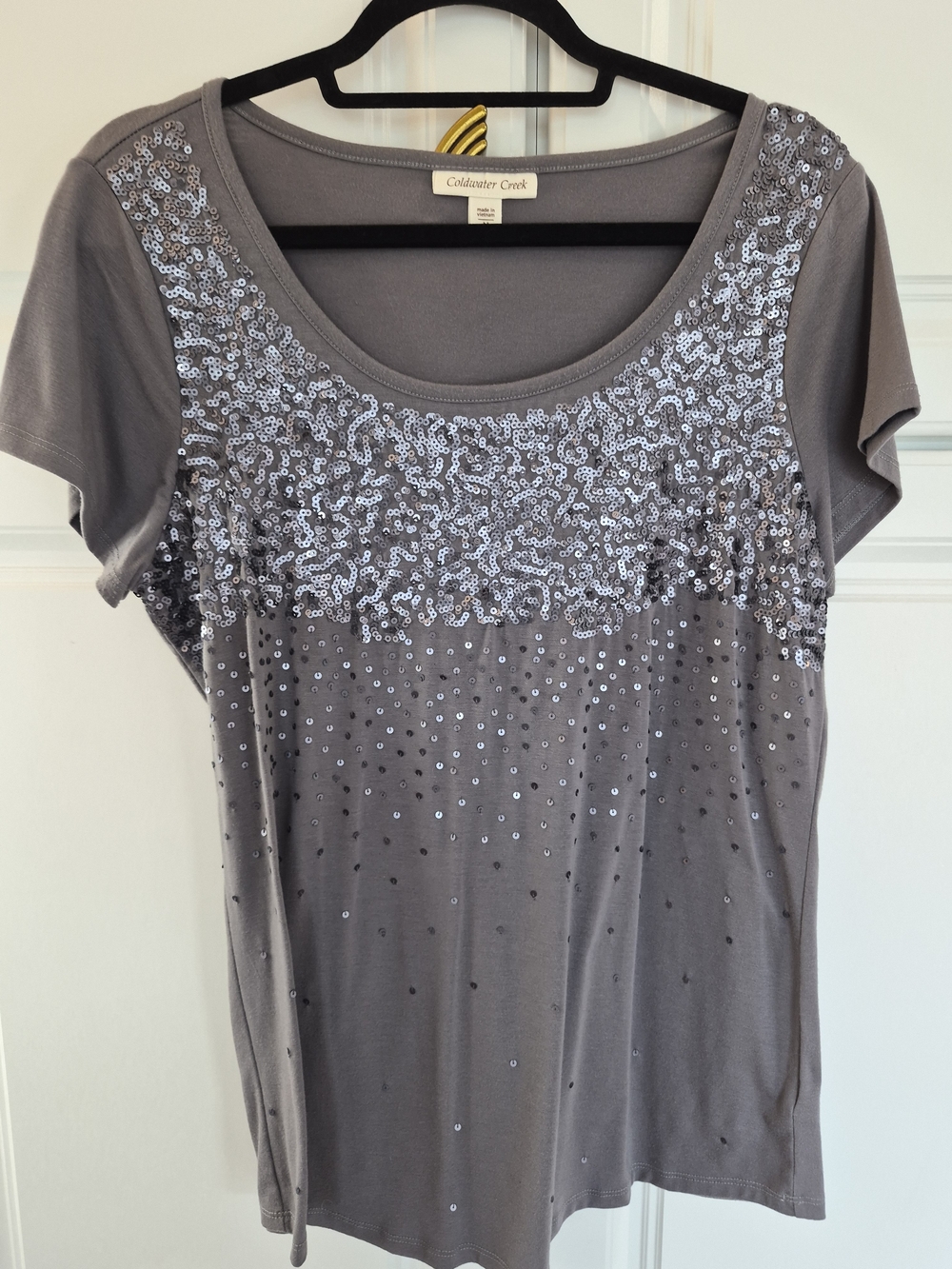 Coldwater Creek Gray Sequin Scoop Neck Short Sleeve Tee